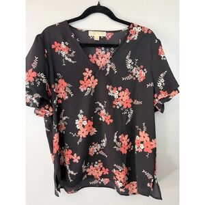 Michael Kors Short Ruffled Sleeves Coral Floral Blouse Size L